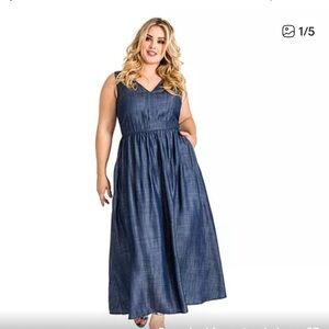 Standards & Practices Lyocell Chambray Maxi Dress V Neck Pockets 2X